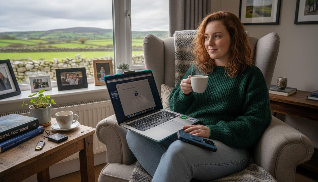 A woman using a laptop securely